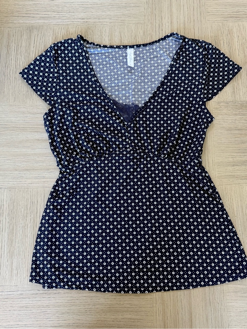 Marilyn Monroe Polka Dot Lace V-Neck Blouse Short Sleeve Navy White SZ S